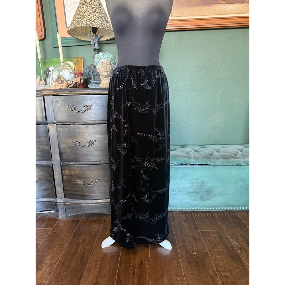 AGB Byer California Vintage Black Velvet Maxi Skirt Silver Glitter‎ Leaf